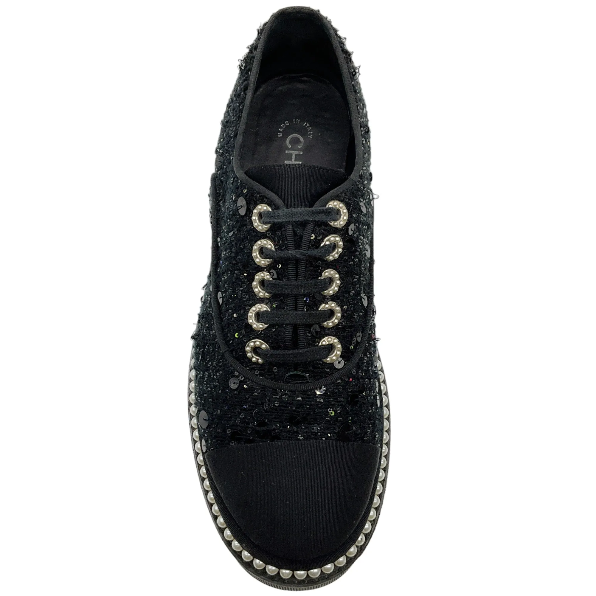 Chanel Black Sequined Lace Up Oxfords with Pearls