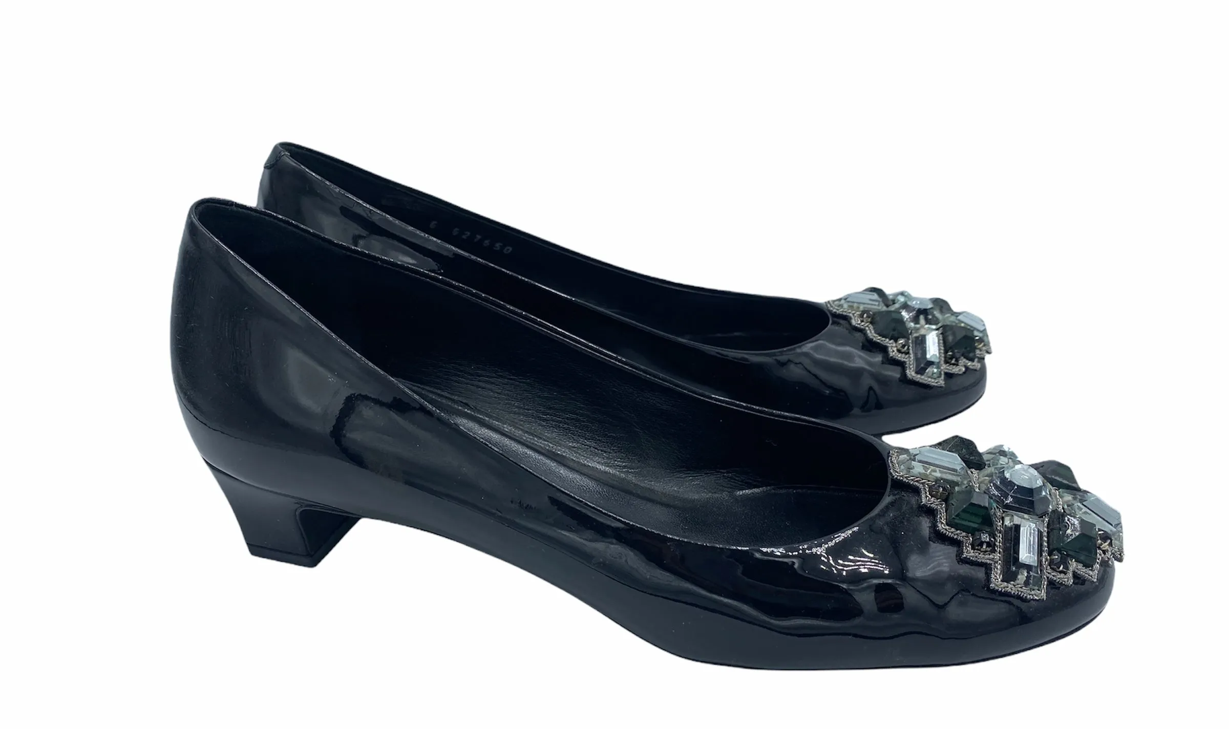 Chanel  Contemporary Black Patent Slippers with Jeweled Embellishment