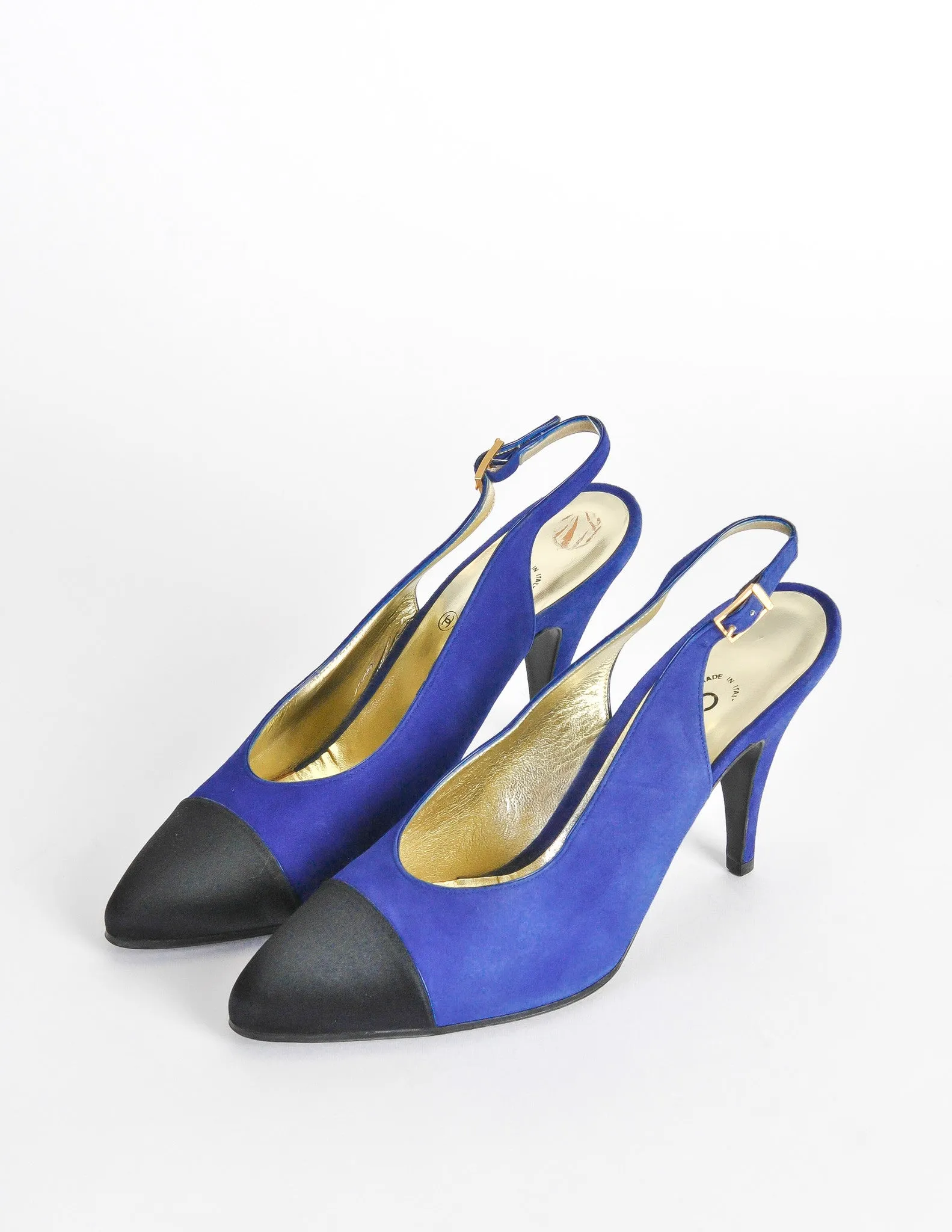 Chanel Vintage Blue Suede and Black Satin Heels