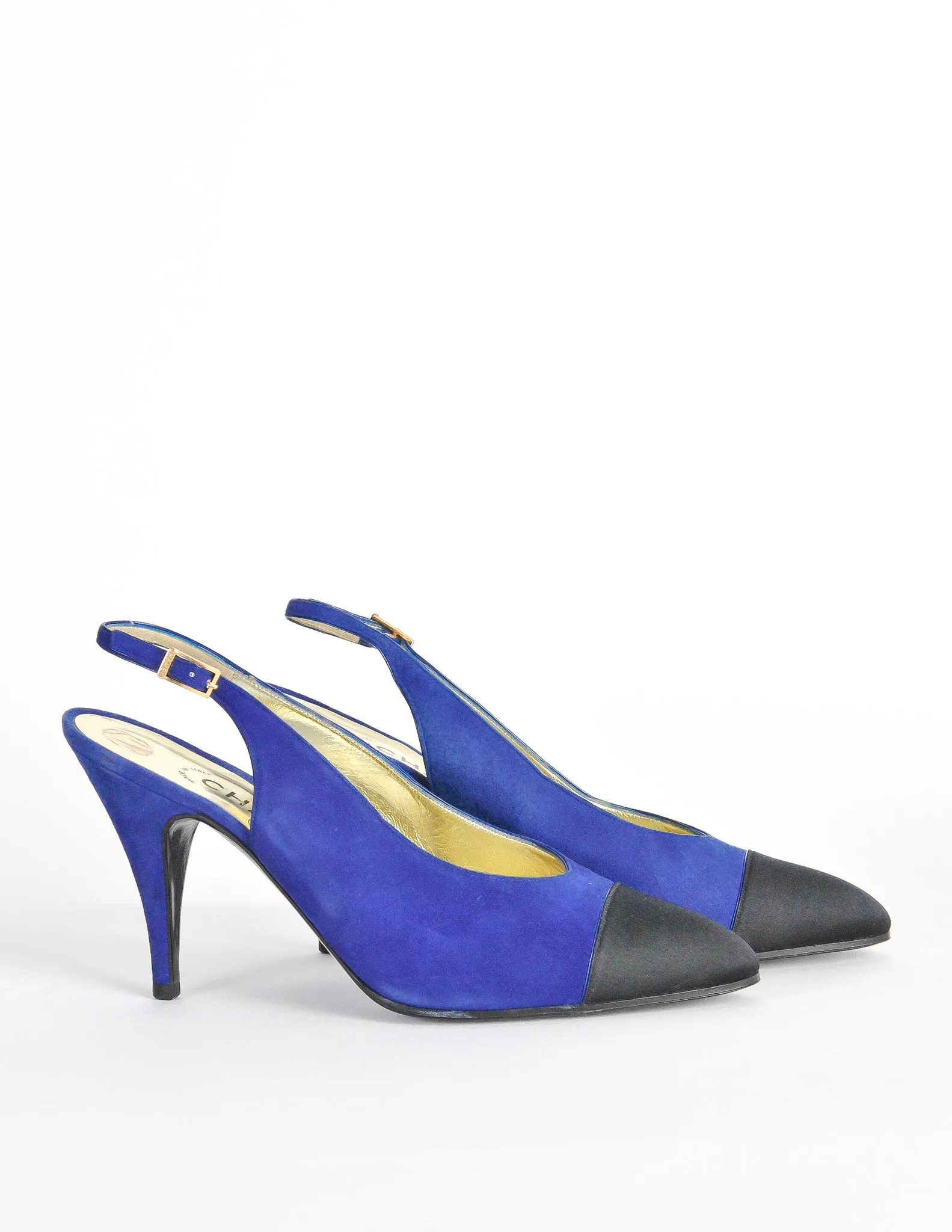 Chanel Vintage Blue Suede and Black Satin Heels