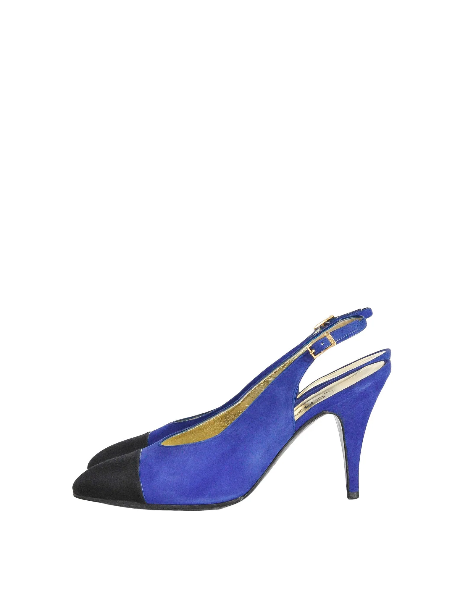 Chanel Vintage Blue Suede and Black Satin Heels