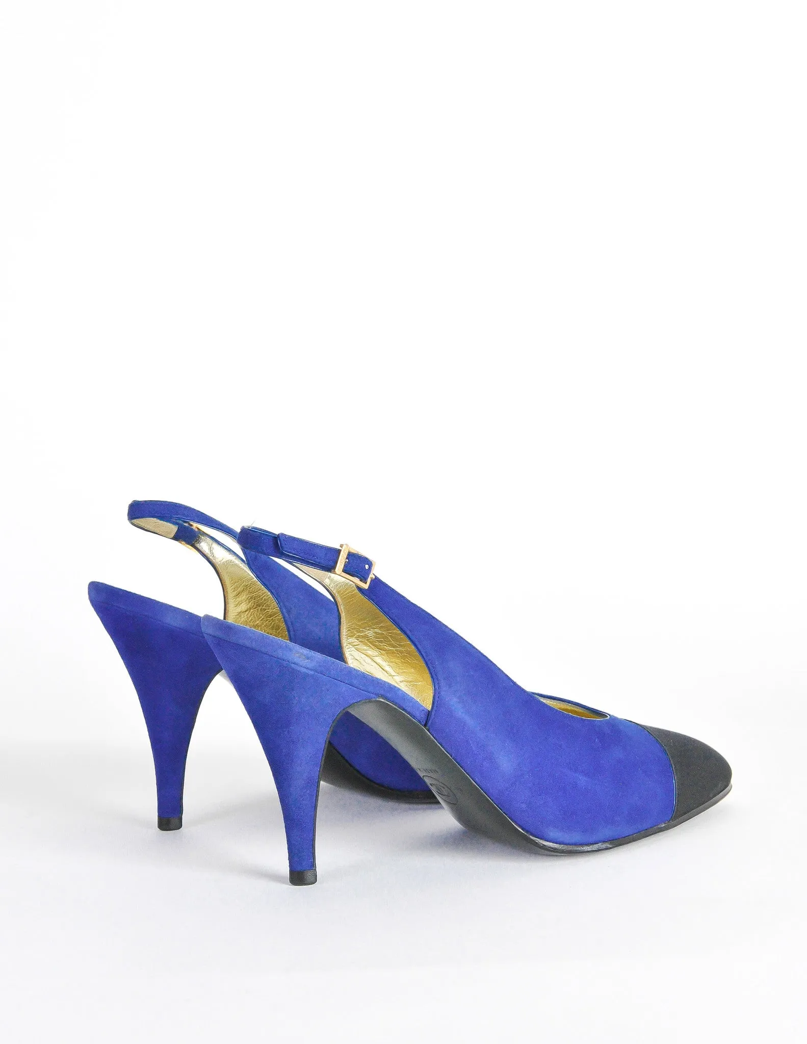 Chanel Vintage Blue Suede and Black Satin Heels