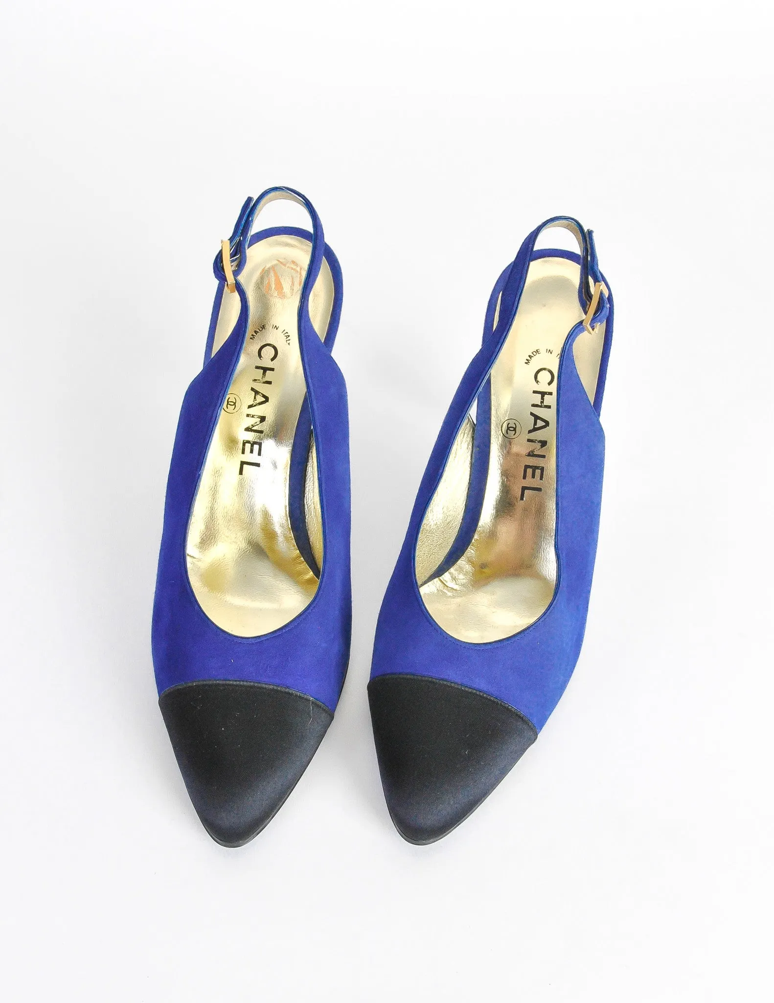 Chanel Vintage Blue Suede and Black Satin Heels