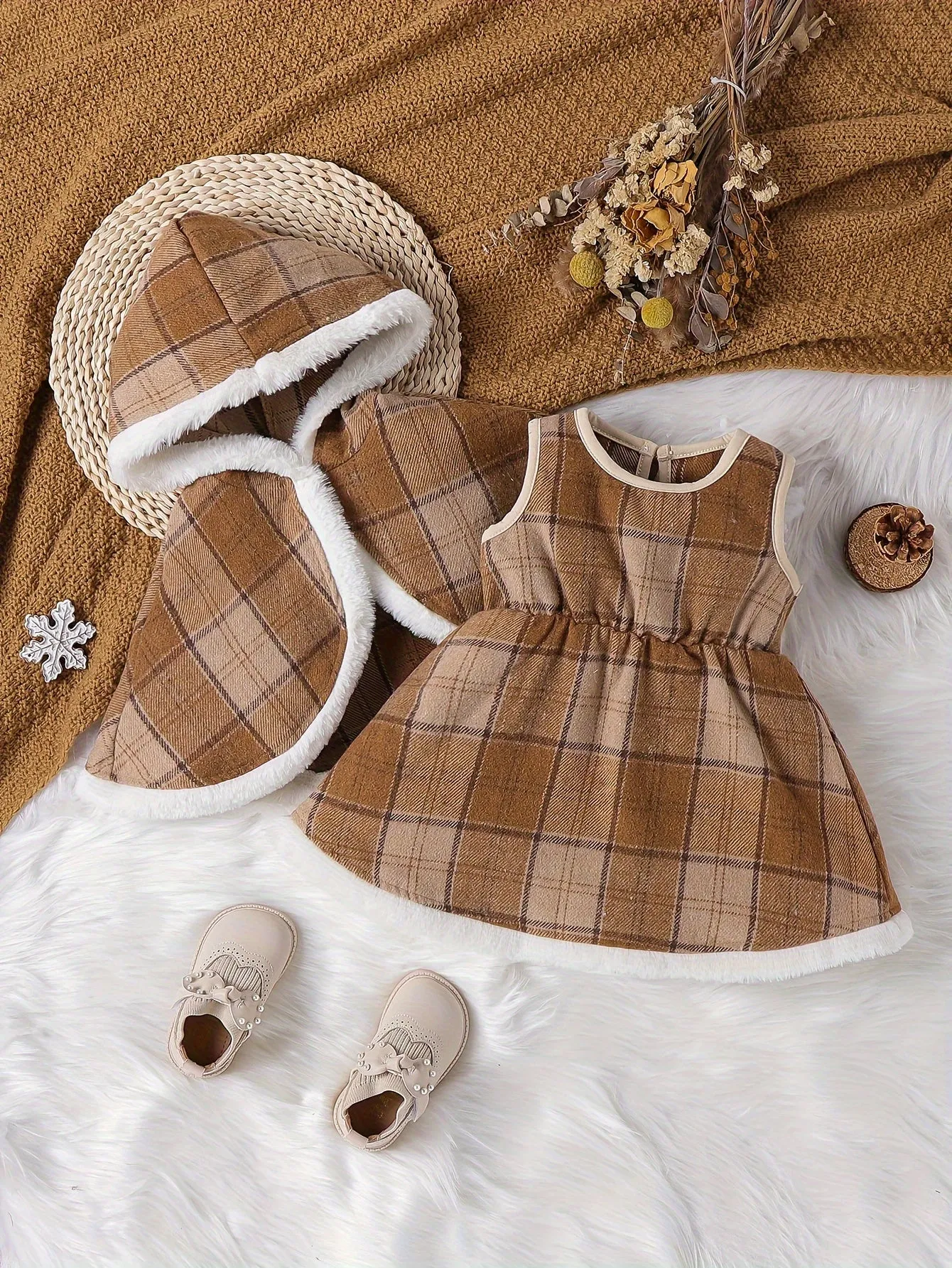 Christmas Style Toddler Baby Girl's Stylish Fleece Lined Plaid Coat   Plaid Dress Set, Warm Outfit For Fall & Winter Outdoor Clothes