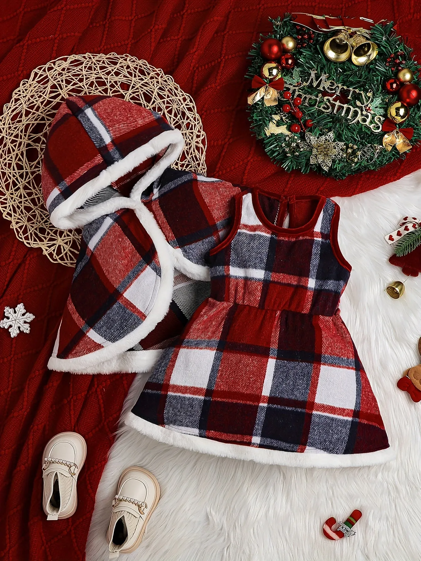 Christmas Style Toddler Baby Girl's Stylish Fleece Lined Plaid Coat   Plaid Dress Set, Warm Outfit For Fall & Winter Outdoor Clothes