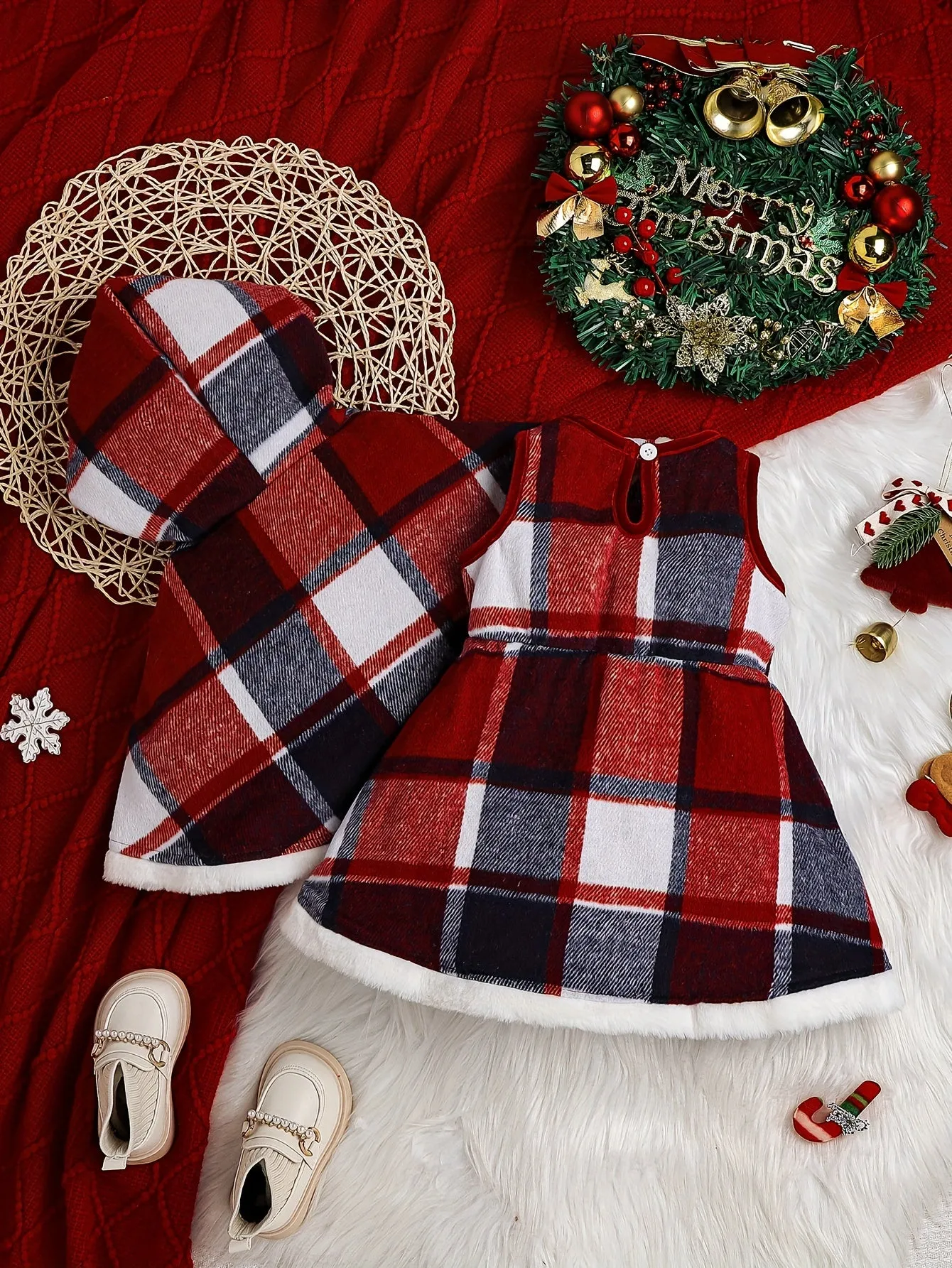 Christmas Style Toddler Baby Girl's Stylish Fleece Lined Plaid Coat   Plaid Dress Set, Warm Outfit For Fall & Winter Outdoor Clothes