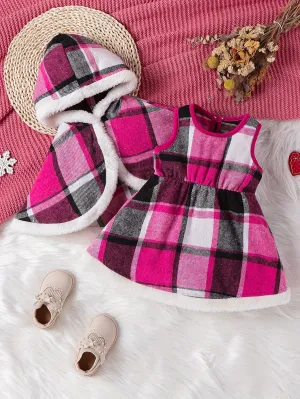 Christmas Style Toddler Baby Girl's Stylish Fleece Lined Plaid Coat   Plaid Dress Set, Warm Outfit For Fall & Winter Outdoor Clothes