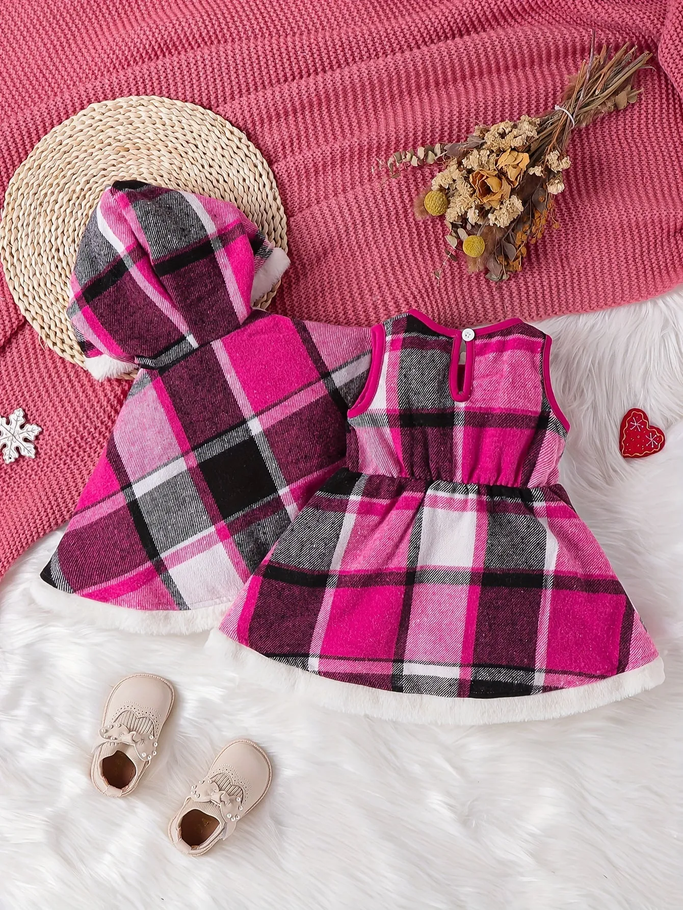 Christmas Style Toddler Baby Girl's Stylish Fleece Lined Plaid Coat   Plaid Dress Set, Warm Outfit For Fall & Winter Outdoor Clothes