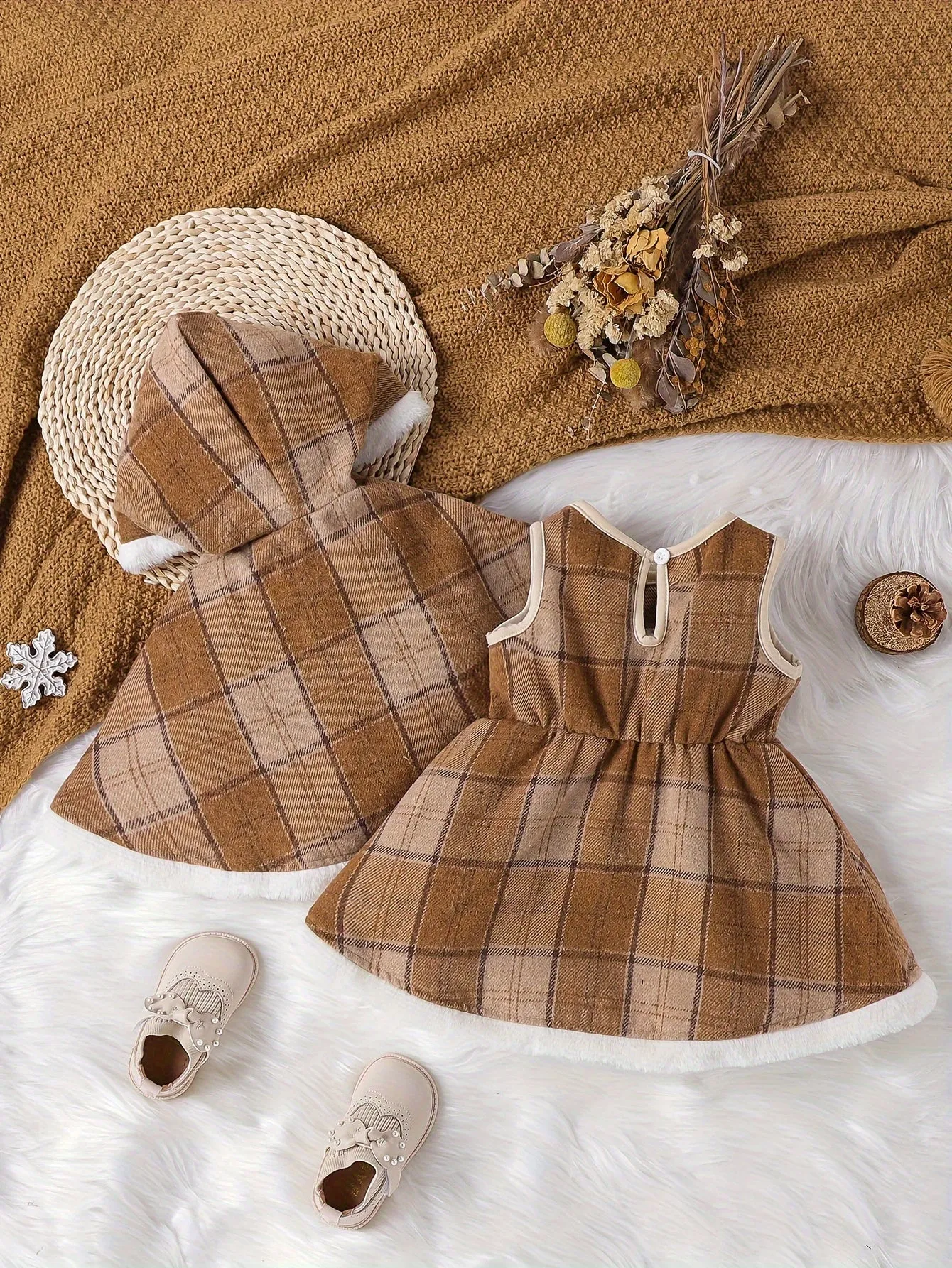 Christmas Style Toddler Baby Girl's Stylish Fleece Lined Plaid Coat   Plaid Dress Set, Warm Outfit For Fall & Winter Outdoor Clothes