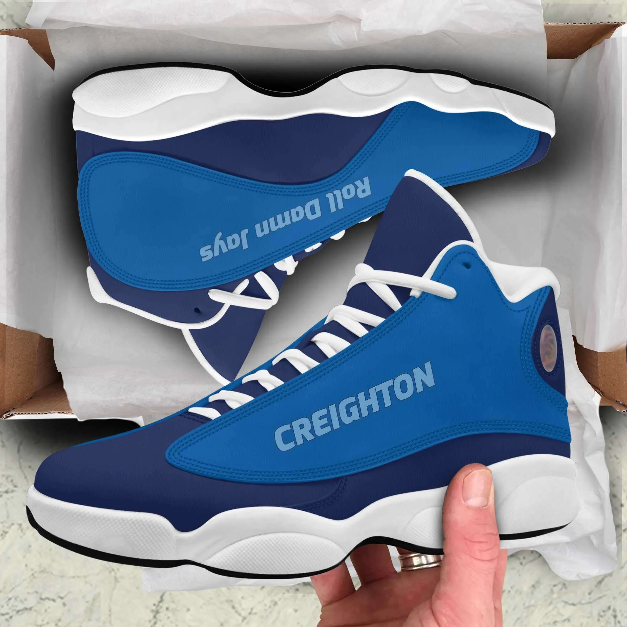 Creighton Roll Damn Jays Basketball Fan Microfiber Leather Hightop Sneakers