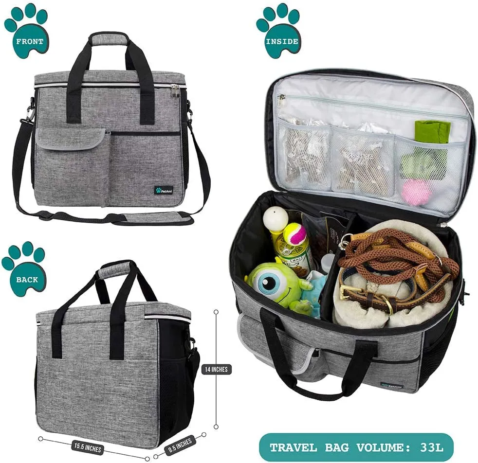 Dog Travel Bag, Travel Pet Bag Organizer, Dog Food Travel Bag with Food Container and Bowls, Dog Travel Supplies Gift Accessories for Weekend Camping, Dog Cat Diaper Bag (Grey, Large)