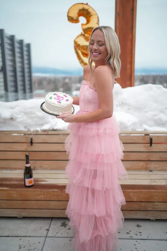 Elegant Pink Tulle Prom Dress,Long Birthday Outfit