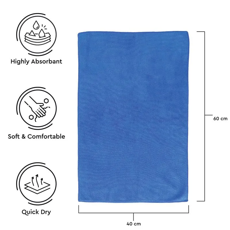 Encasa Microfiber towels (60x40 cm) for car and kitchen cleaning, perfect for travel, beach trips, backpacking, camping and gym use - fast drying - 2-pack - Blue