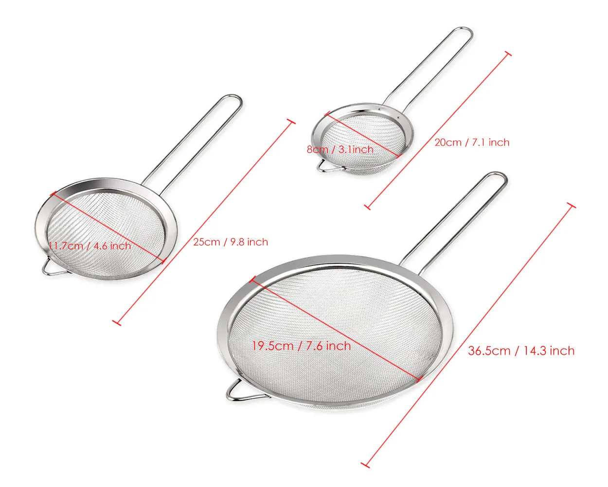 Fine Mesh Strainer 3 Pieces Stainless Steel Kitchen Sieve with Handle