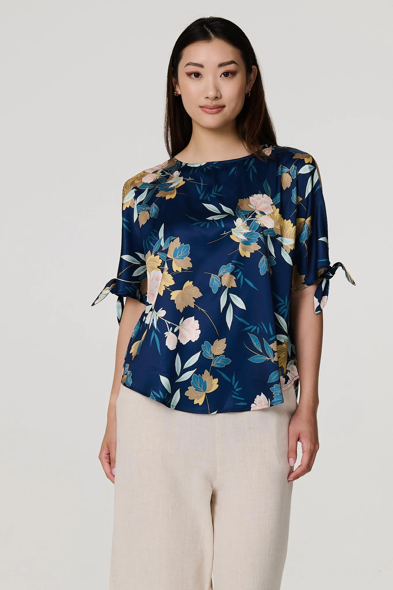 Floral Split Sleeve Satin Blouse