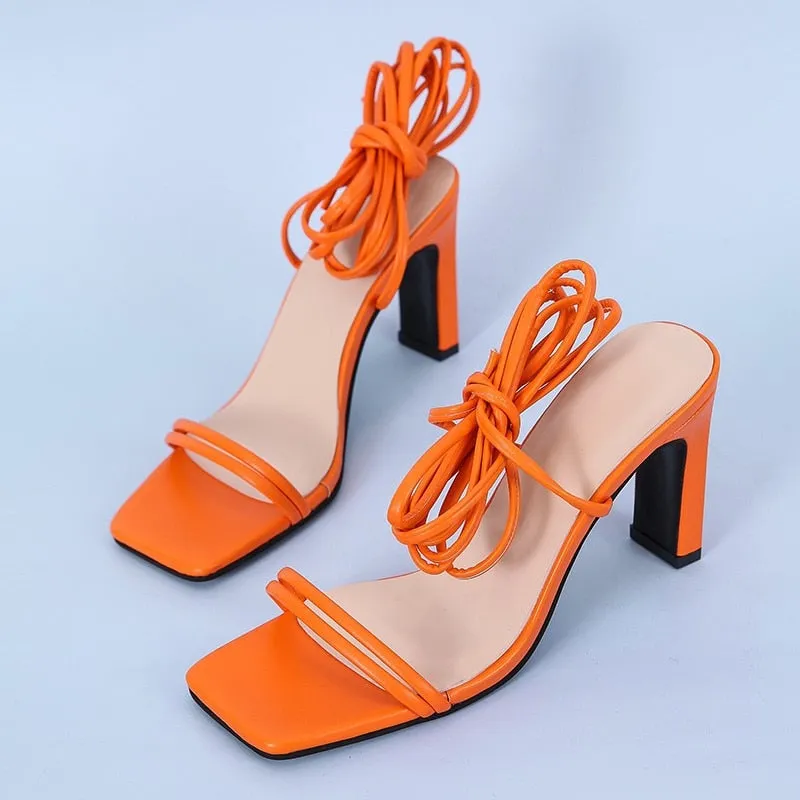 Fresh Green Orange Lace Up   Sandals for Women Summer High Heel Shoes Square Toe High Heel Dress Sandal Big Size 43