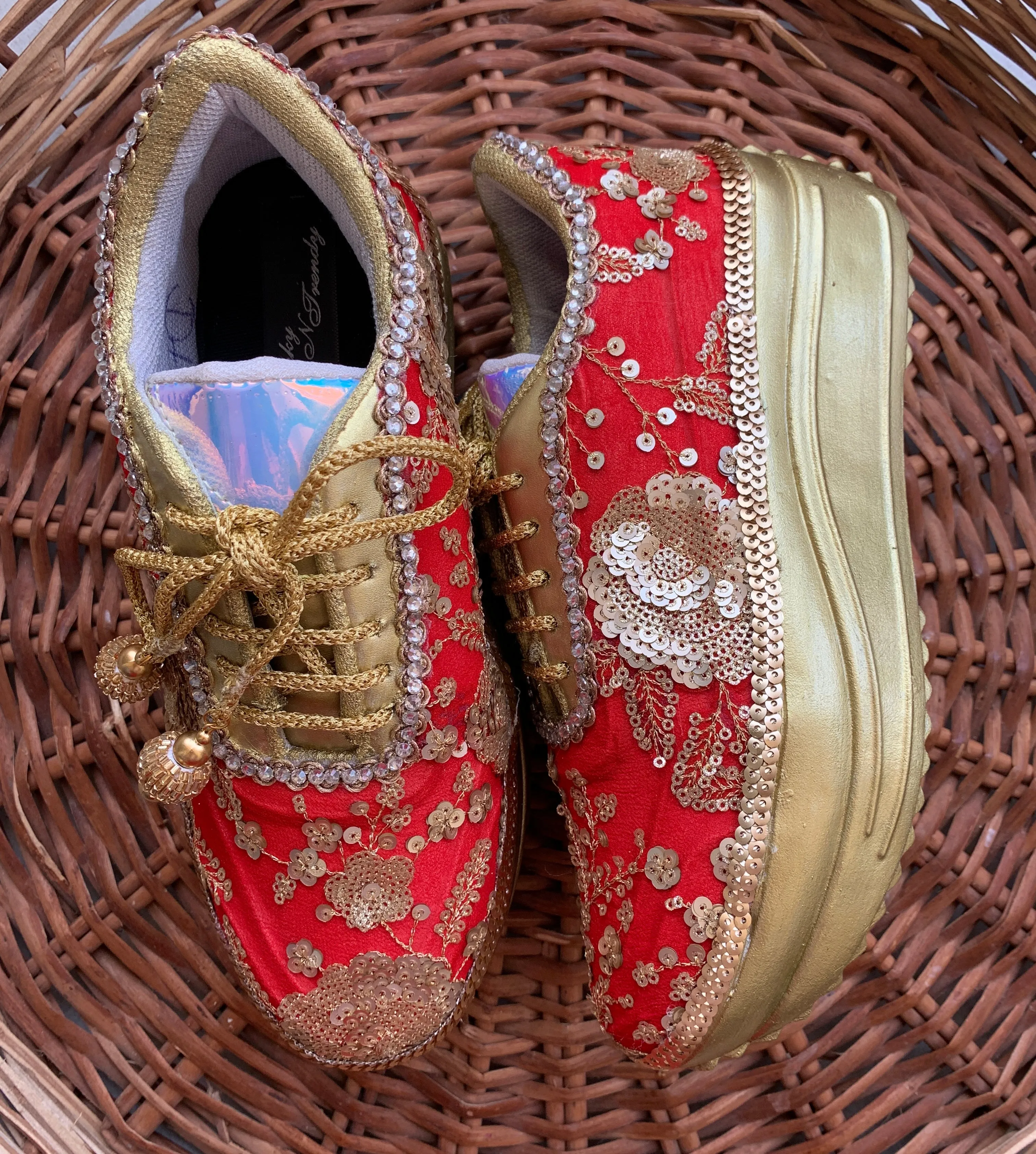 FUNKY N TRENDY red sneakers for brides /red embroidered sneakers/ handcrafted sneakers/ golden sneakers / bridal sneakers / bridesmaid sneakers/ golden and red hand work sneakers