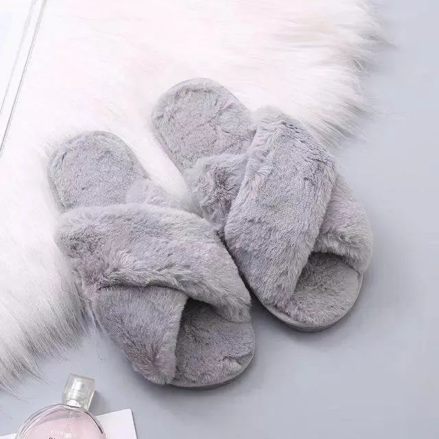 Fuzzy Criss Cross Slippers – Cozy Faux Fur Crossband Slippers for Women