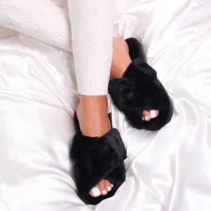 Fuzzy Criss Cross Slippers – Cozy Faux Fur Crossband Slippers for Women