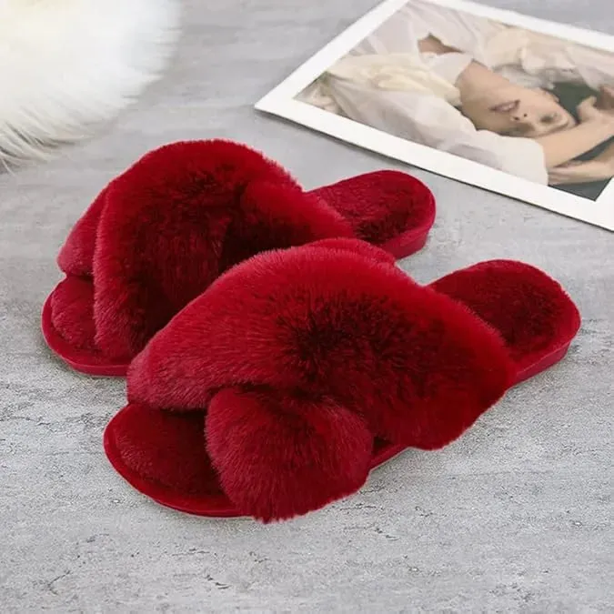 Fuzzy Criss Cross Slippers – Cozy Faux Fur Crossband Slippers for Women