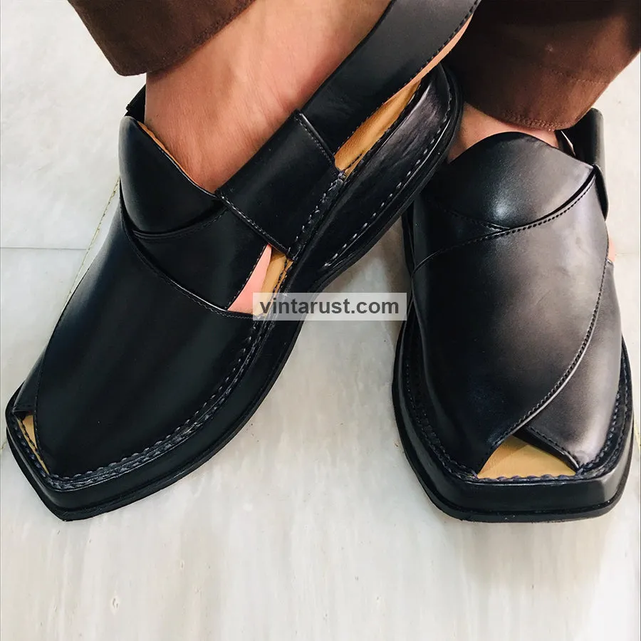 Genuine Leather Shiny Black Peshawari Men's Chappal