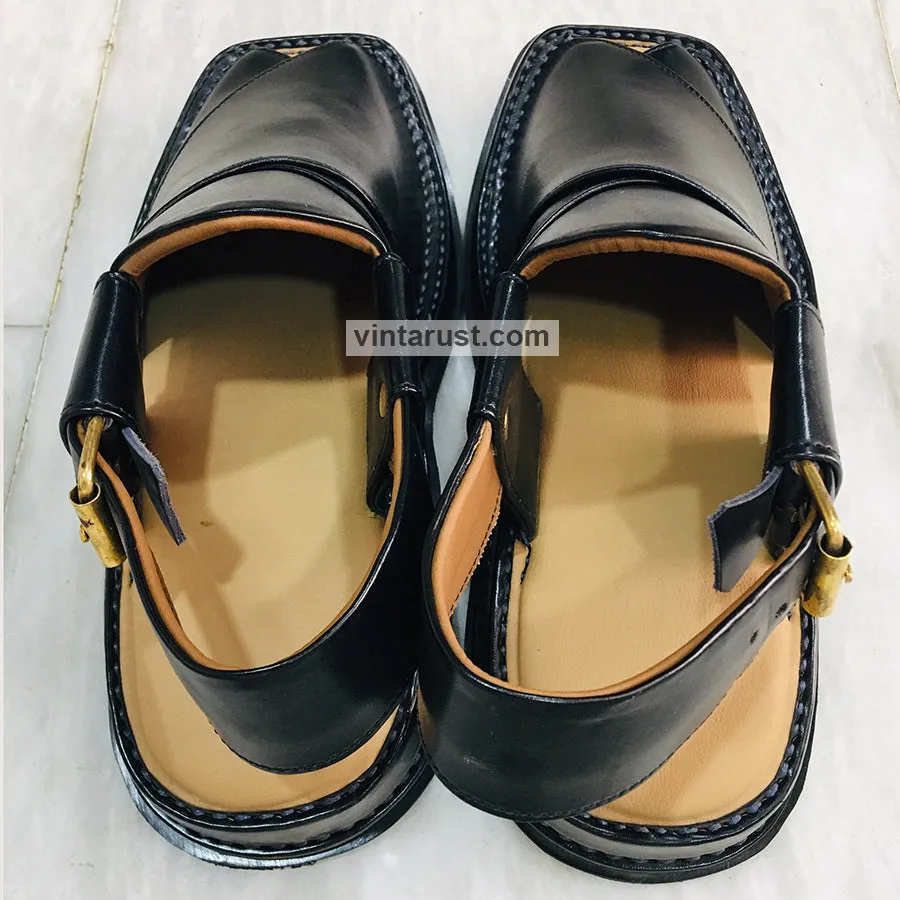 Genuine Leather Shiny Black Peshawari Men's Chappal