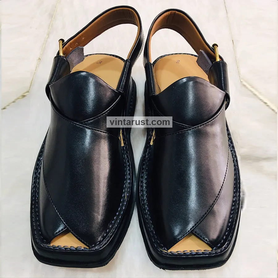 Genuine Leather Shiny Black Peshawari Men's Chappal