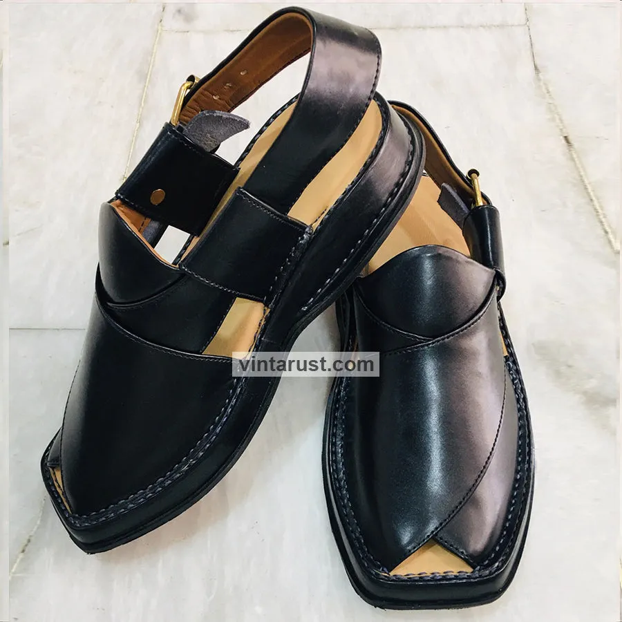 Genuine Leather Shiny Black Peshawari Men's Chappal