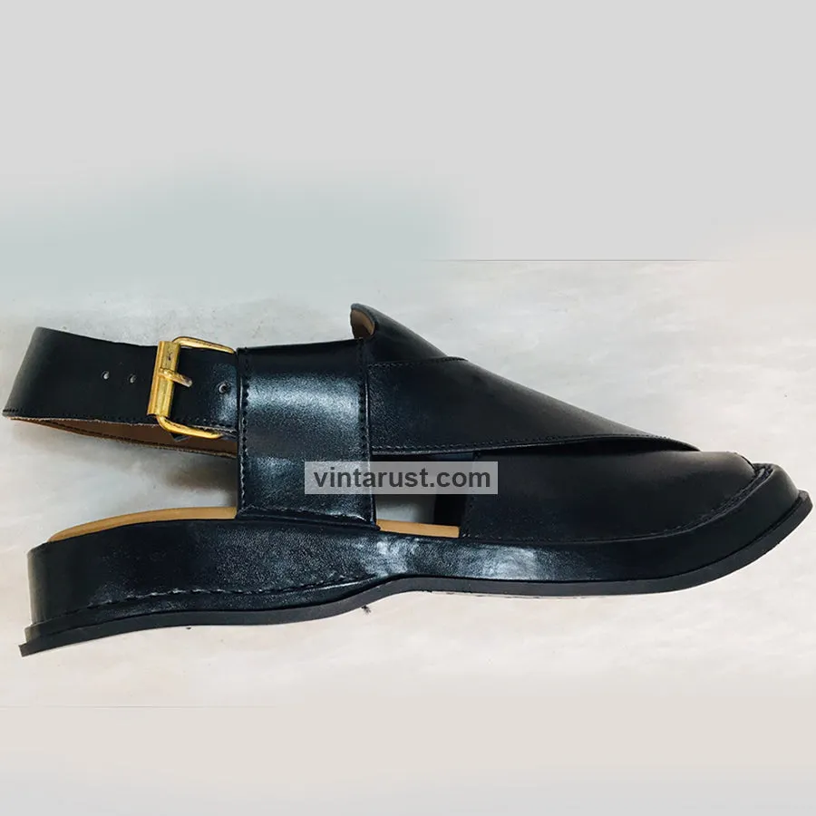 Genuine Leather Shiny Black Peshawari Men's Chappal