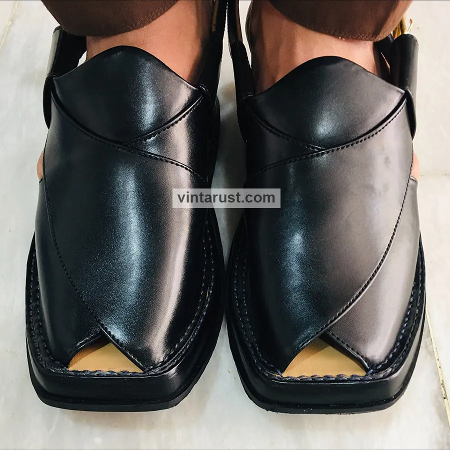 Genuine Leather Shiny Black Peshawari Men's Chappal