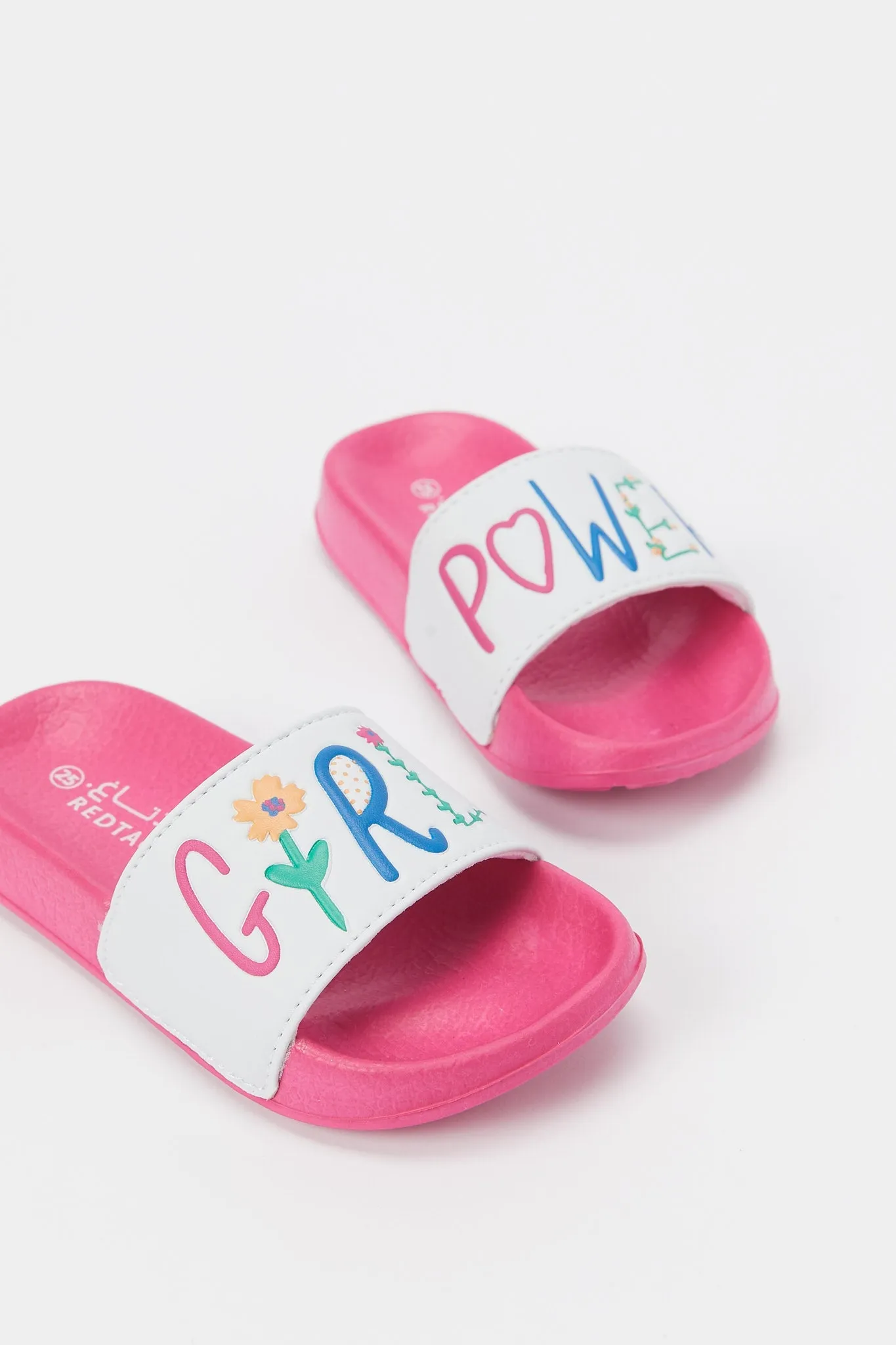 Girls Pink Embossed Slogan Slide