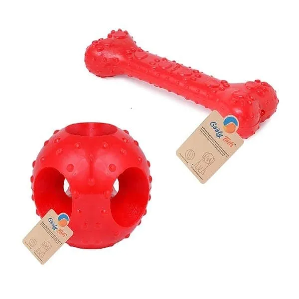 Goofy Tails Rubber Chew Toy Combo (Hole Ball   Rubber Bone) (Red,Large)