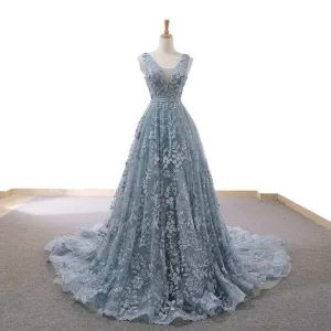 Gorgeous V-Neck Embroidery Dusty Blue Ball Gown  M1028