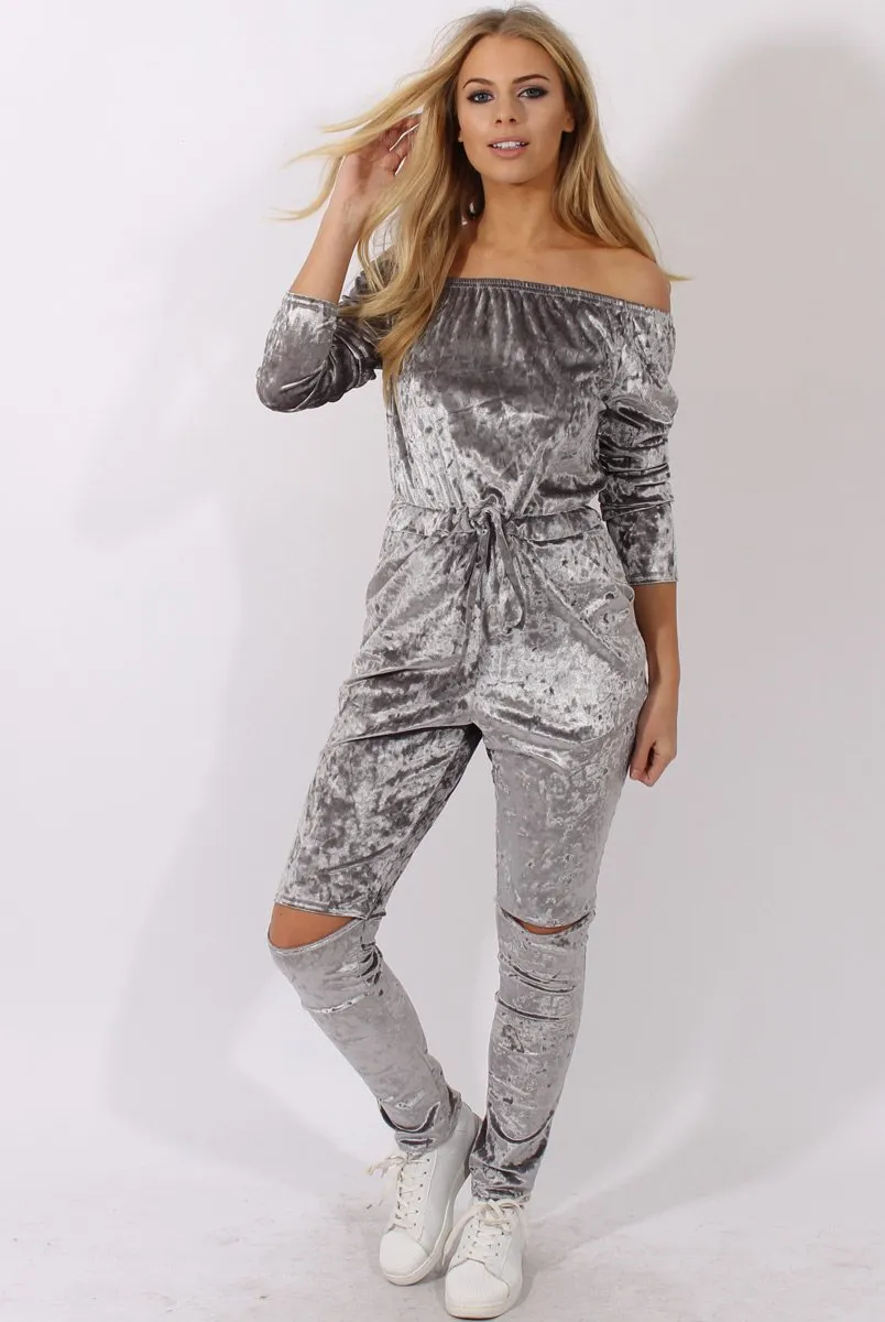 Grey Crushed Velvet Bardot Split Knee Jumpsuit - Binky