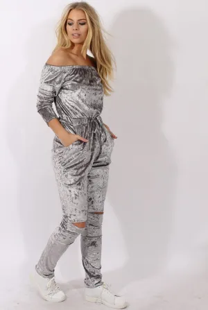 Grey Crushed Velvet Bardot Split Knee Jumpsuit - Binky