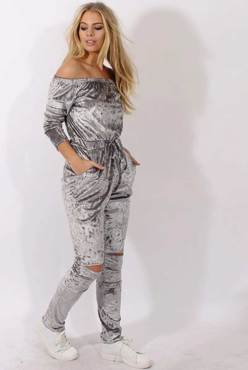 Grey Crushed Velvet Bardot Split Knee Jumpsuit - Binky