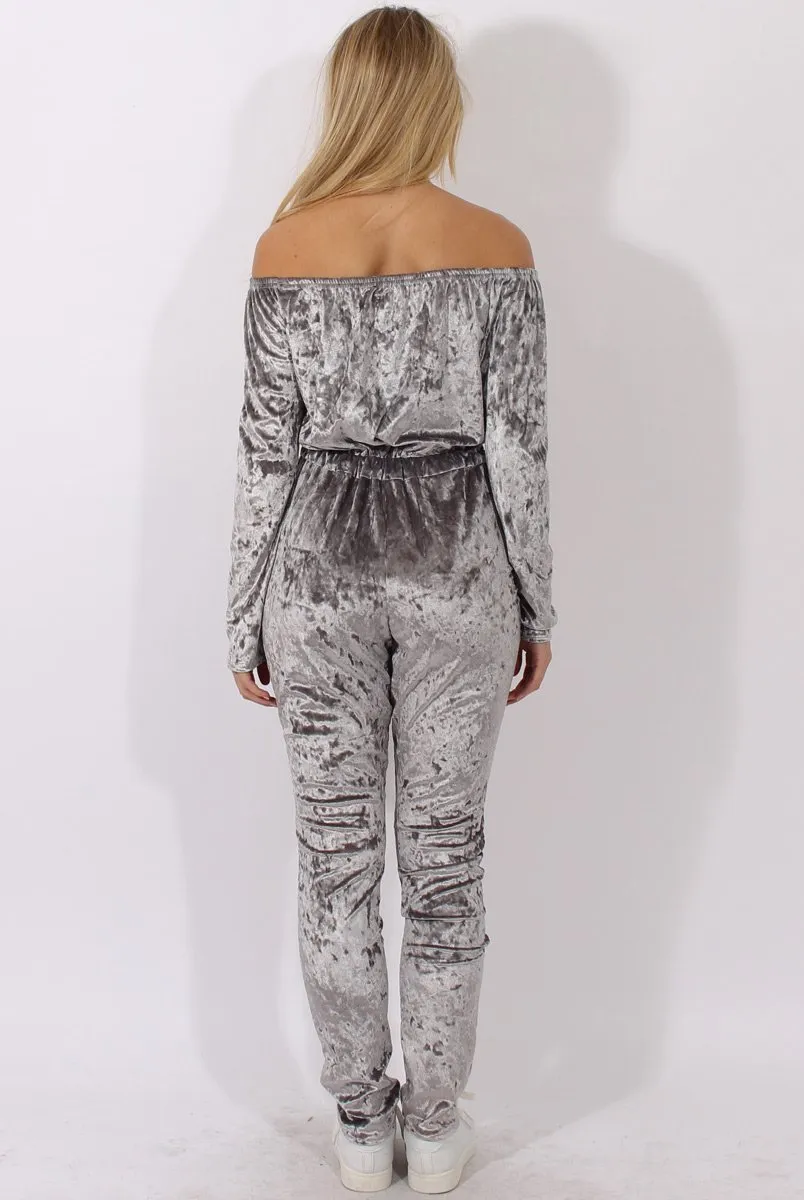 Grey Crushed Velvet Bardot Split Knee Jumpsuit - Binky