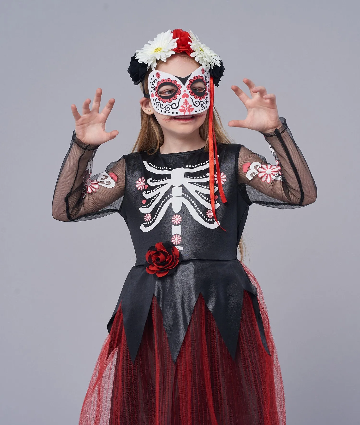 Halloween Girls Skeleton Costume, Day of The Dead Dress(3PCS)