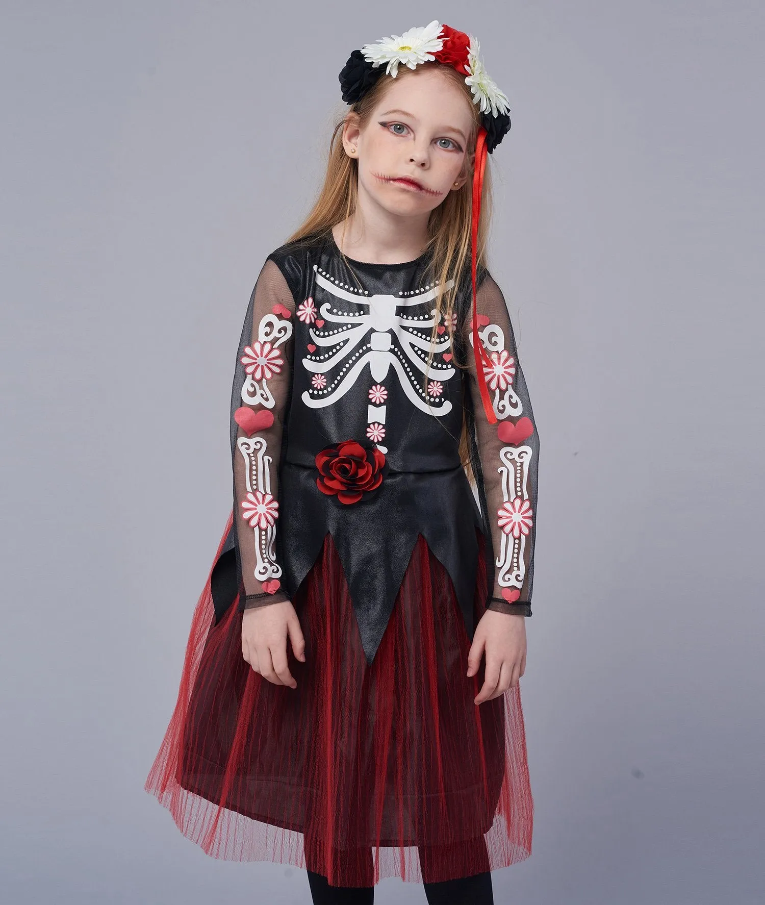 Halloween Girls Skeleton Costume, Day of The Dead Dress(3PCS)