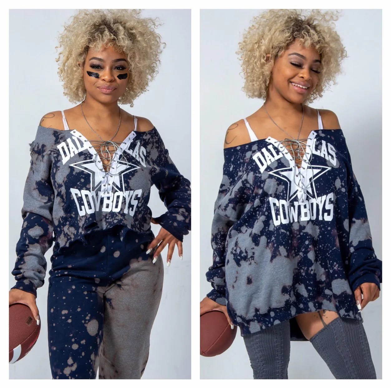 Handmade Dallas Cowboys Navy Bleached Silver Satin Lace Up Sweatshirt