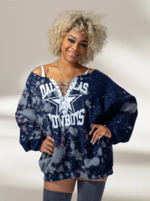 Handmade Dallas Cowboys Navy Bleached Silver Satin Lace Up Sweatshirt