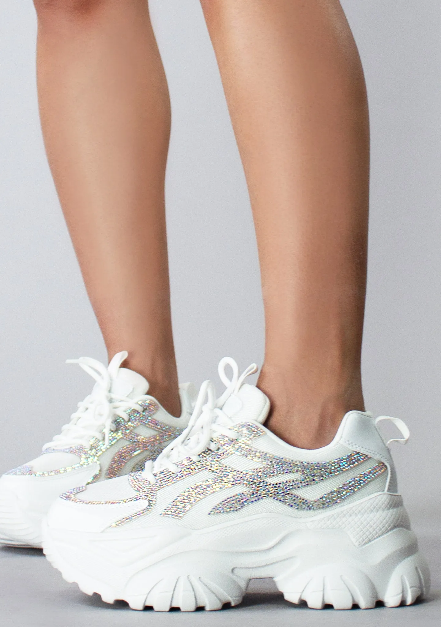 HANNA 02 Speed Runner Rhinestone White Platform Sneakers