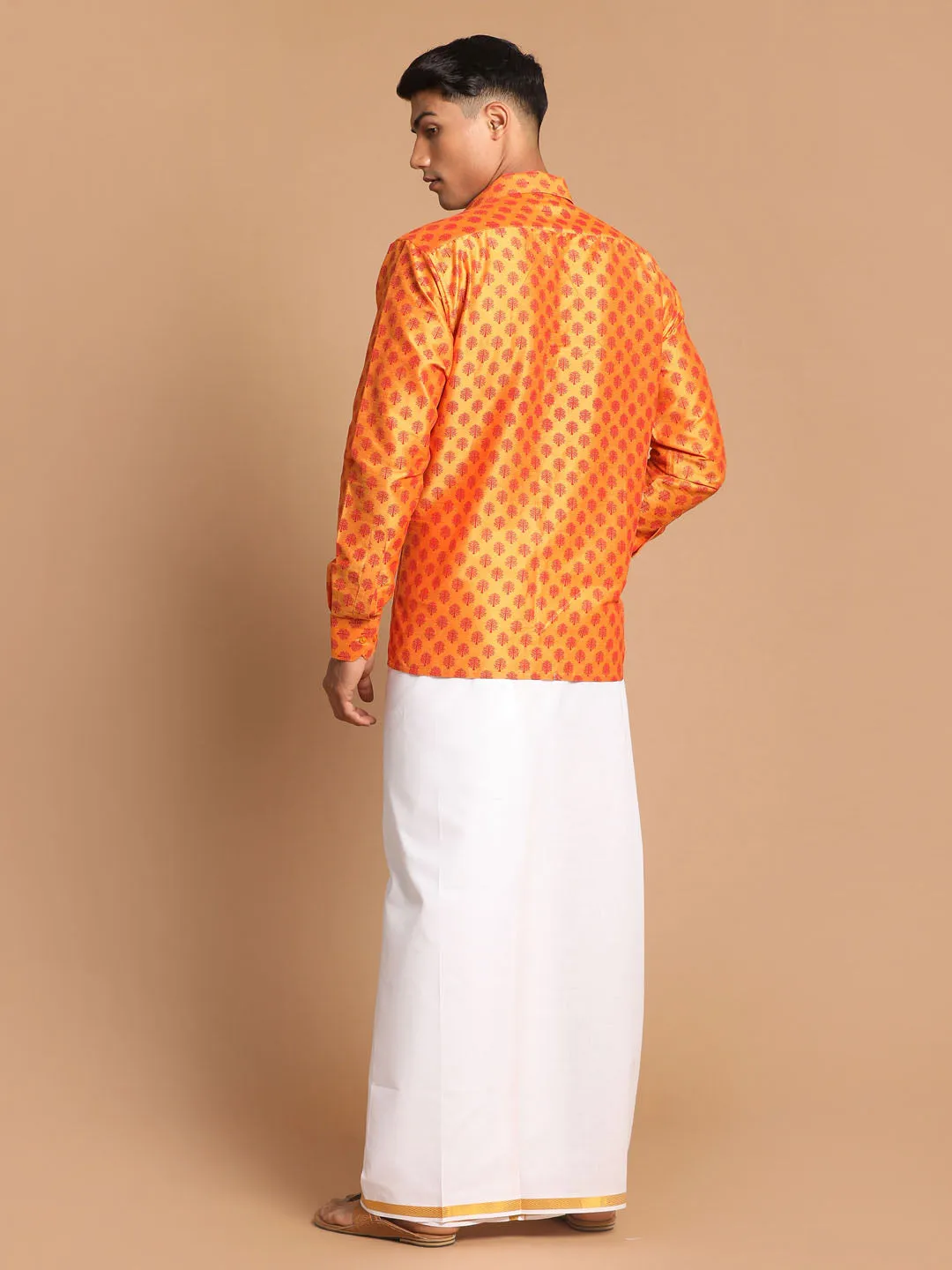 Jashvi Men's Orange Silk Blend Printed Shirt And Mundu Set