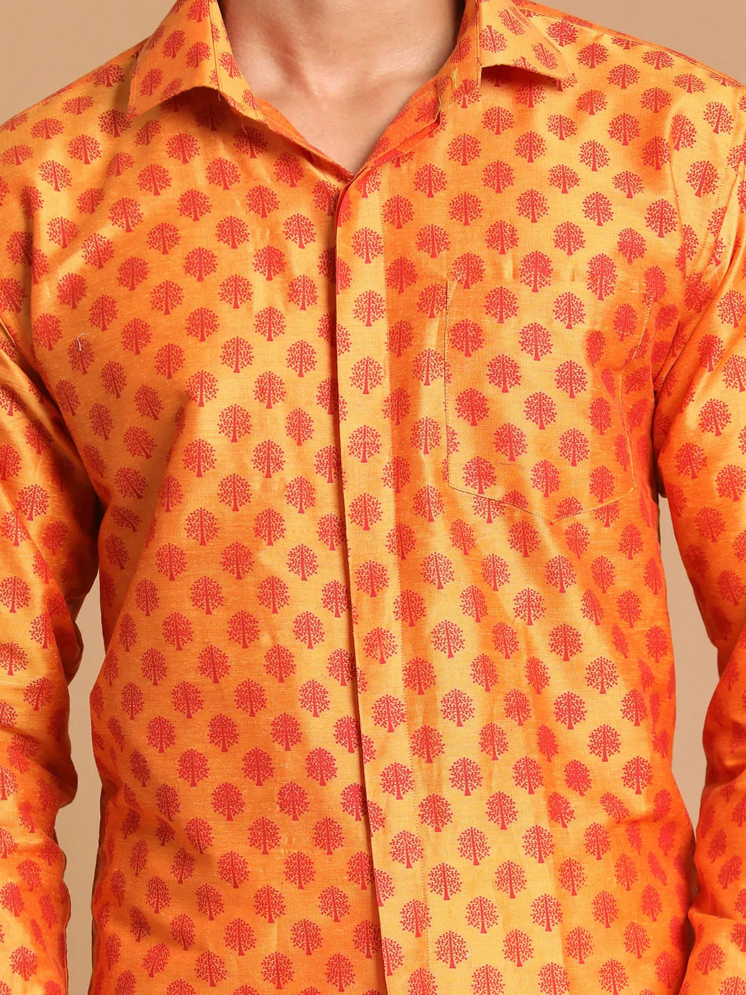 Jashvi Men's Orange Silk Blend Printed Shirt And Mundu Set