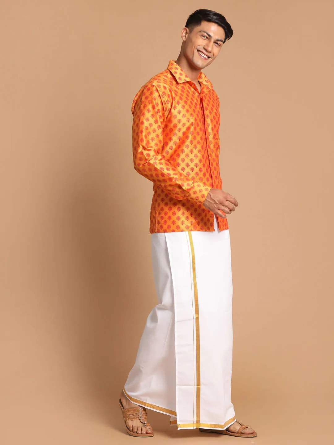 Jashvi Men's Orange Silk Blend Printed Shirt And Mundu Set