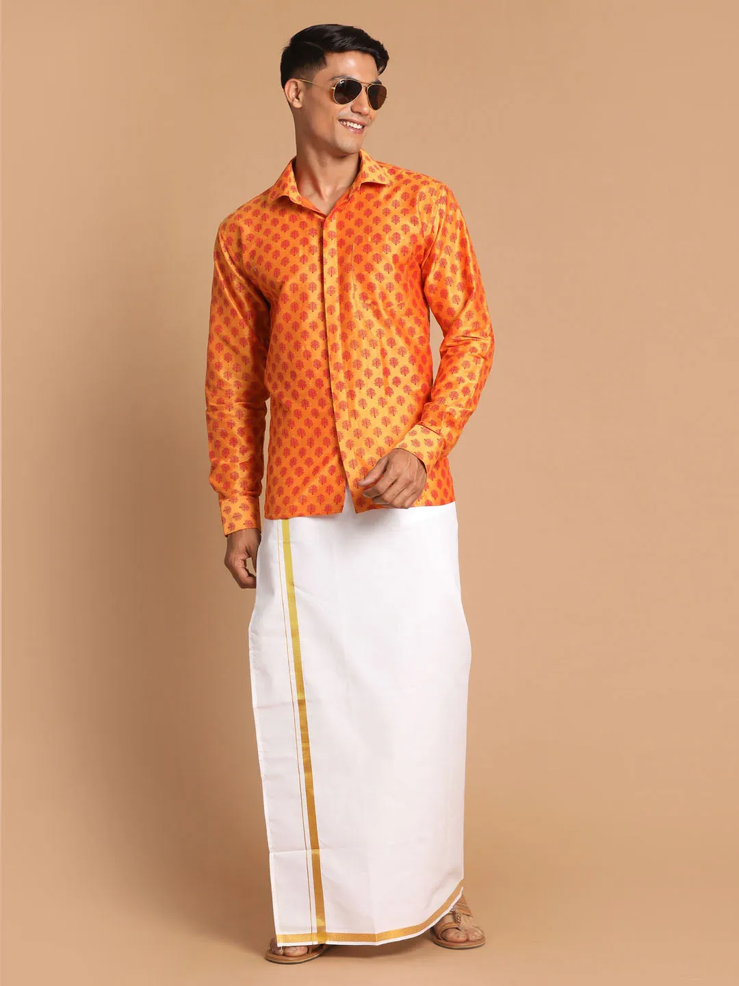 Jashvi Men's Orange Silk Blend Printed Shirt And Mundu Set