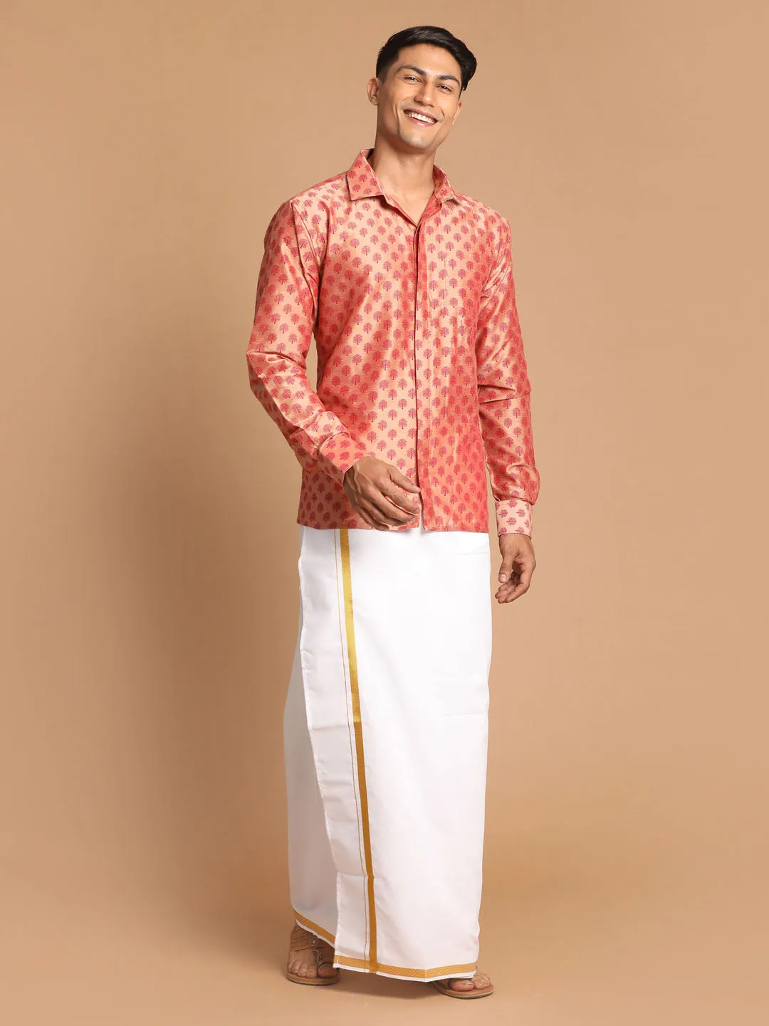 Jashvi Men's Pink Silk Blend Printed Shirt And Mundu Set