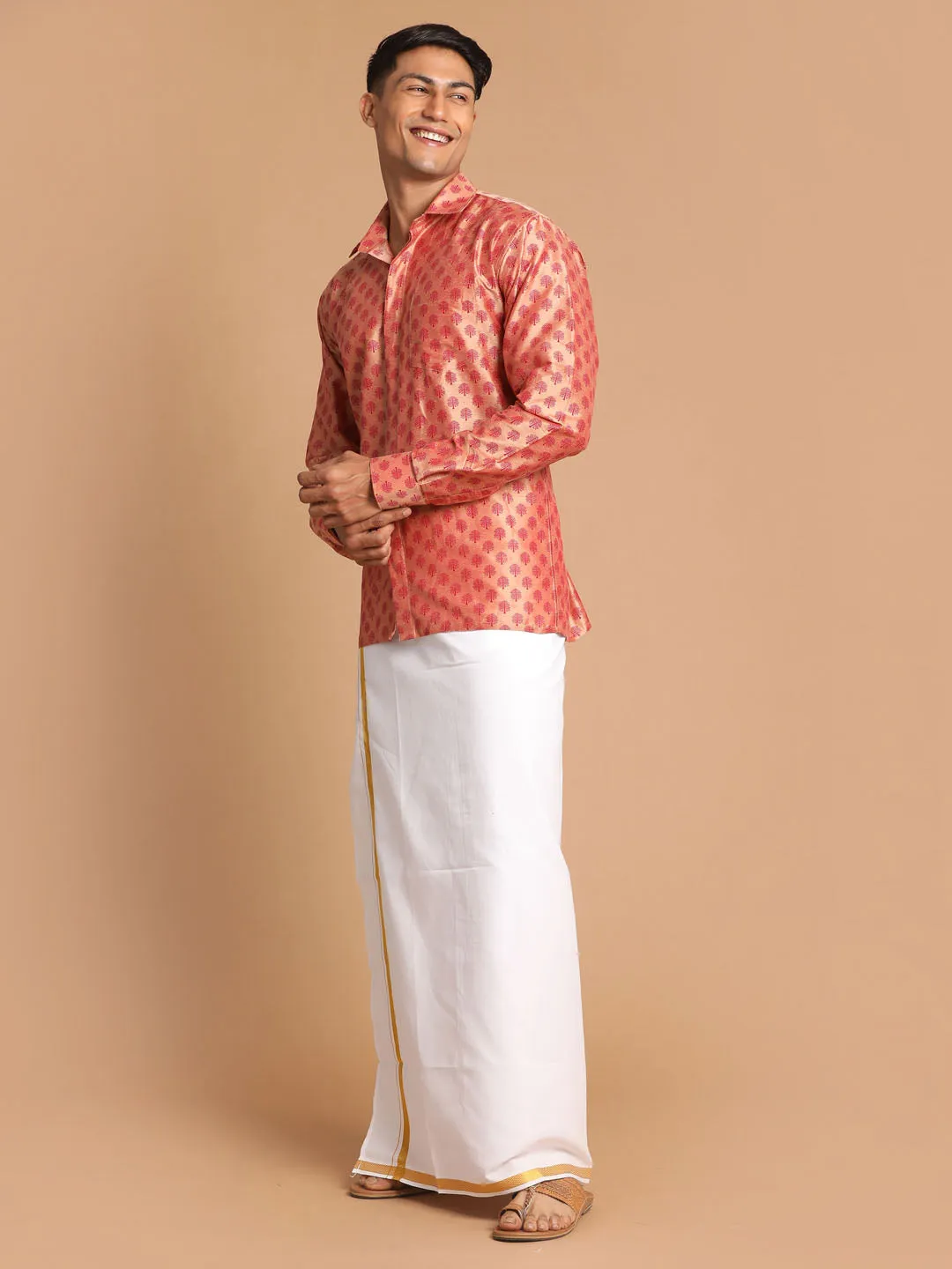 Jashvi Men's Pink Silk Blend Printed Shirt And Mundu Set