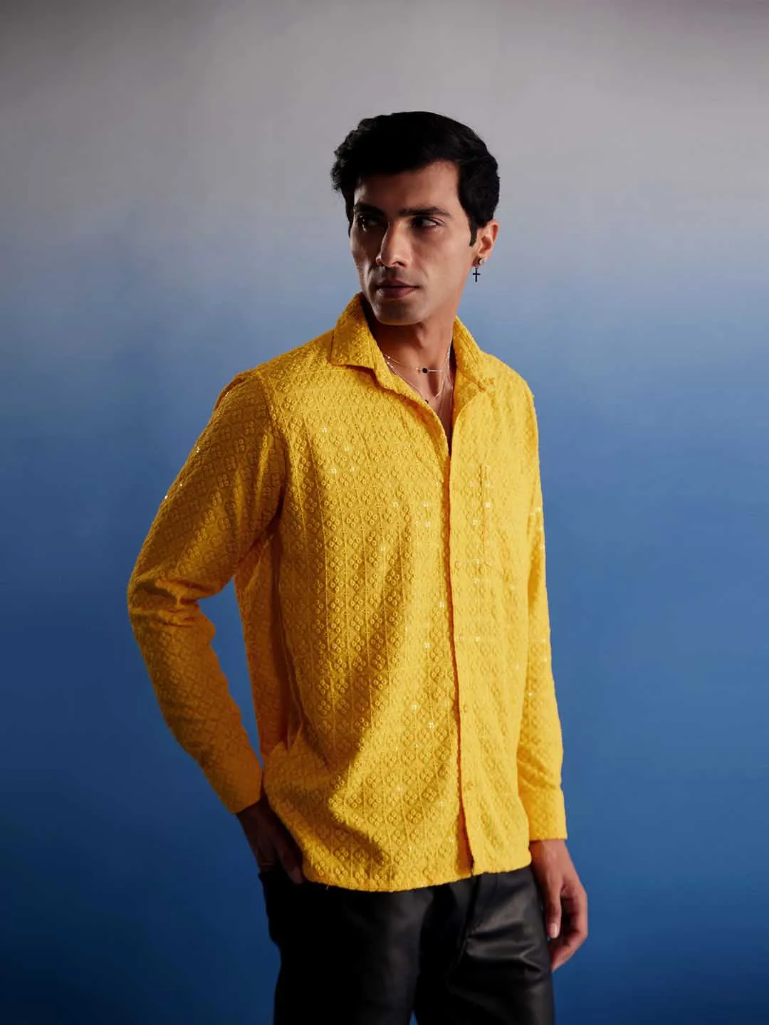 Jashvi Men's Yellow Rayon Embellished Shirt