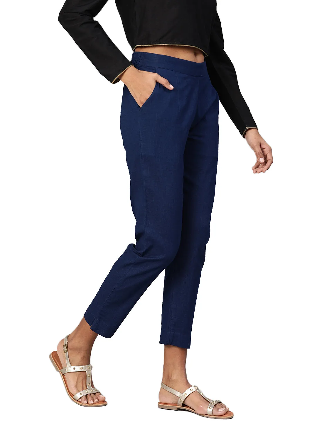 Jashvi Women Navy Blue Straight Fit Solid Regular Trousers